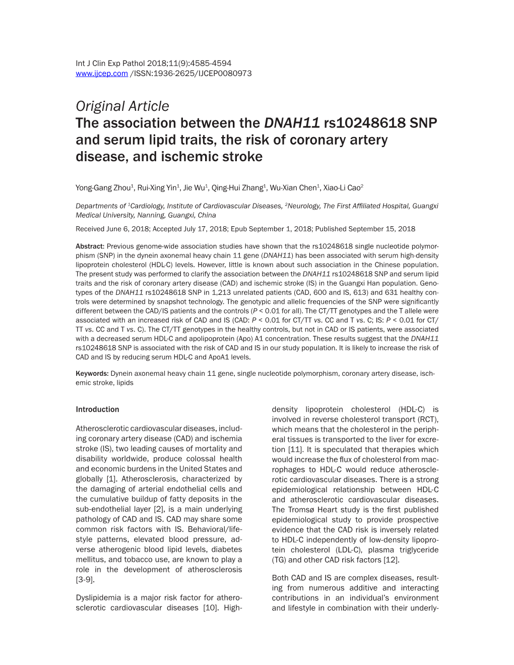 DNAH11 Rs10248618 SNP and Serum Lipid Traits, the Risk of Coronary Artery Disease, and Ischemic Stroke