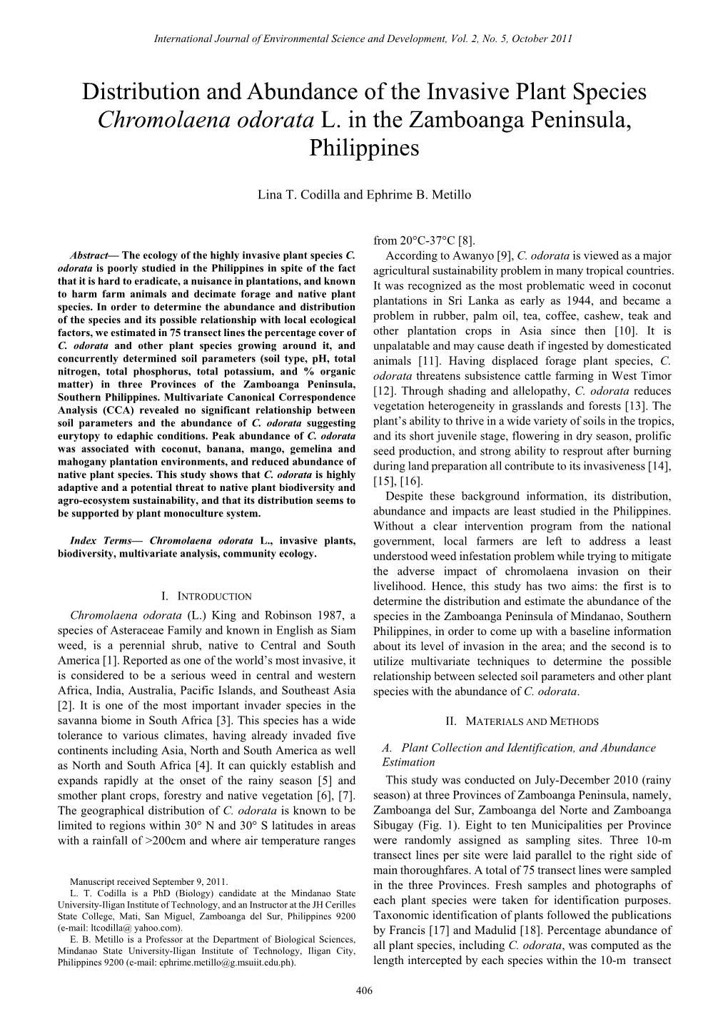 Distribution and Abundance of the Invasive Plant Species Chromolaena Odorata L