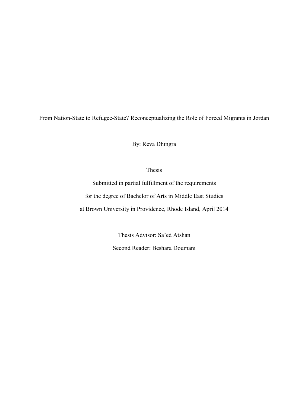 From Nation-State to Refugee-State? Reconceptualizing the Role of Forced Migrants in Jordan