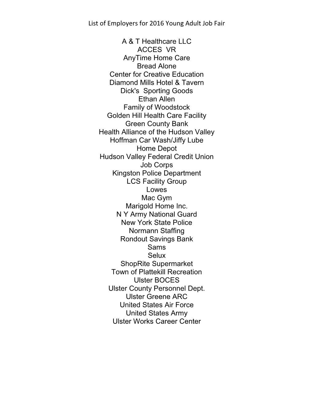 List of Employers for 2016 Young Adult Job Fair