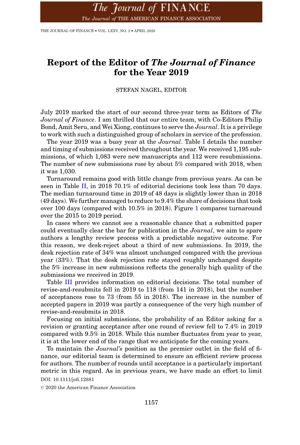 Report of the Editor of the Journal of Finance for the Year 2019