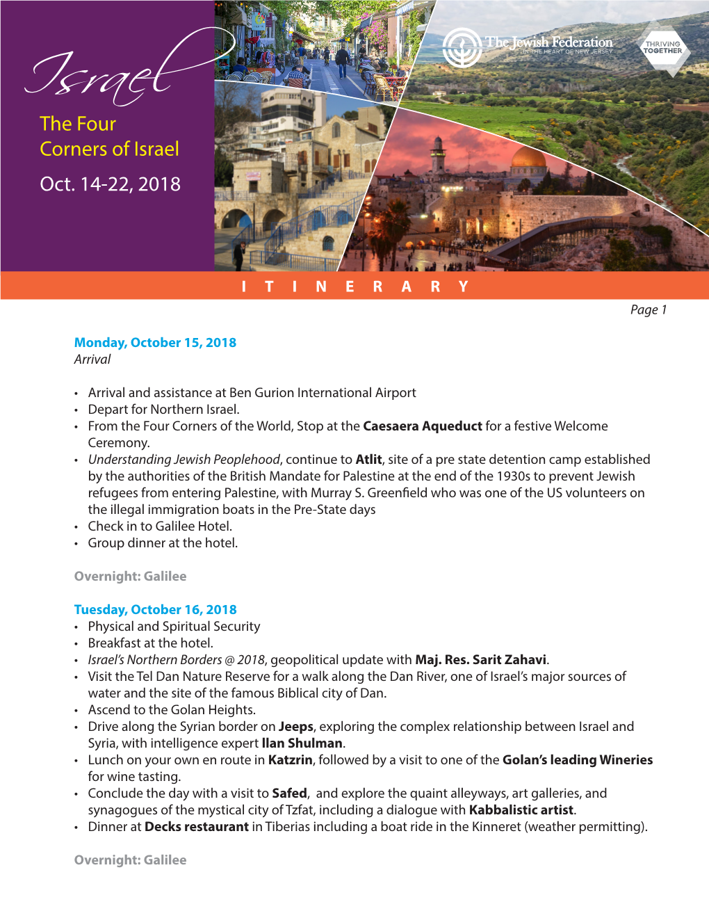 The Four Corners of Israel Oct. 14-22, 2018