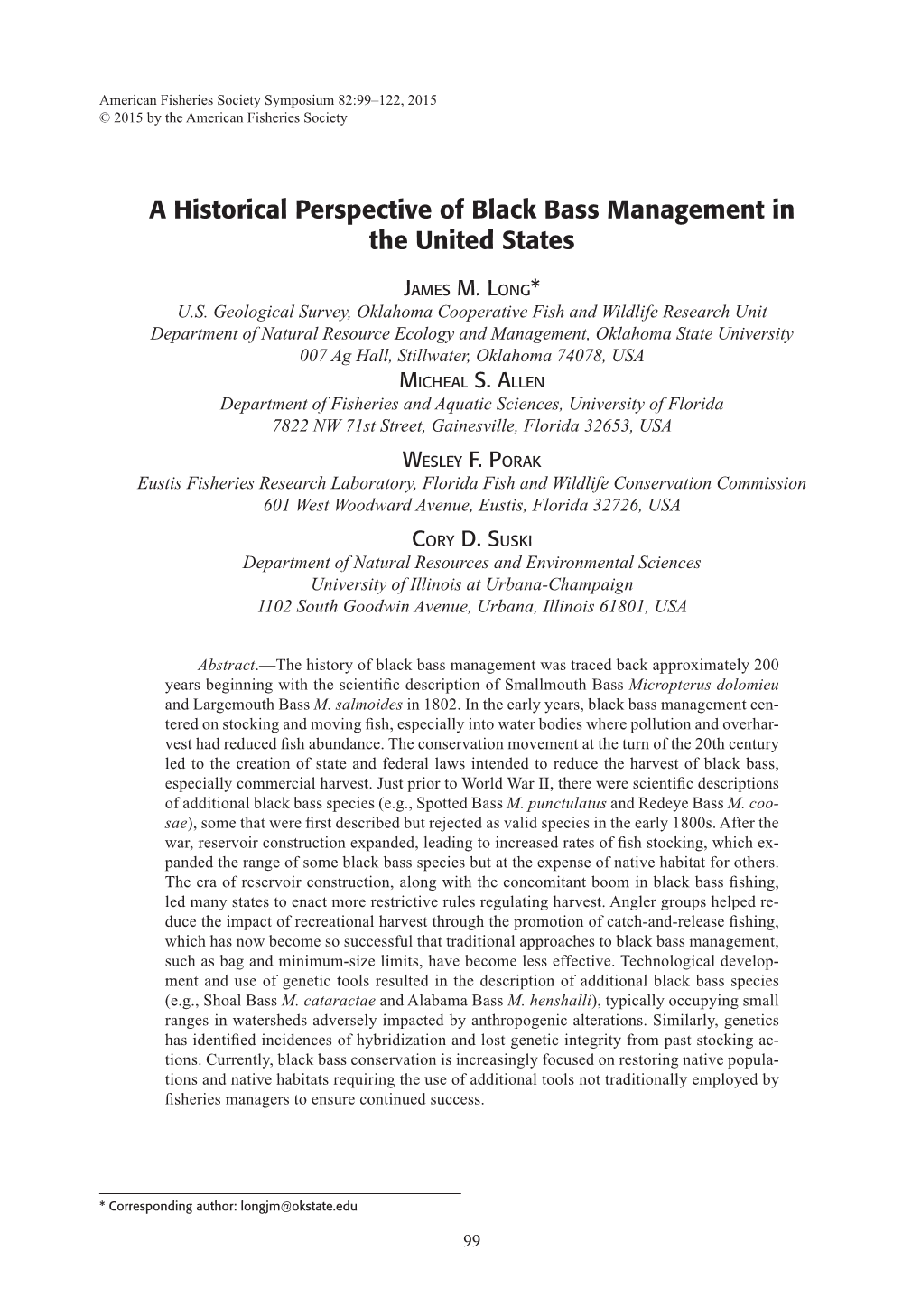 A Historical Perspective of Black Bass Management in the United States