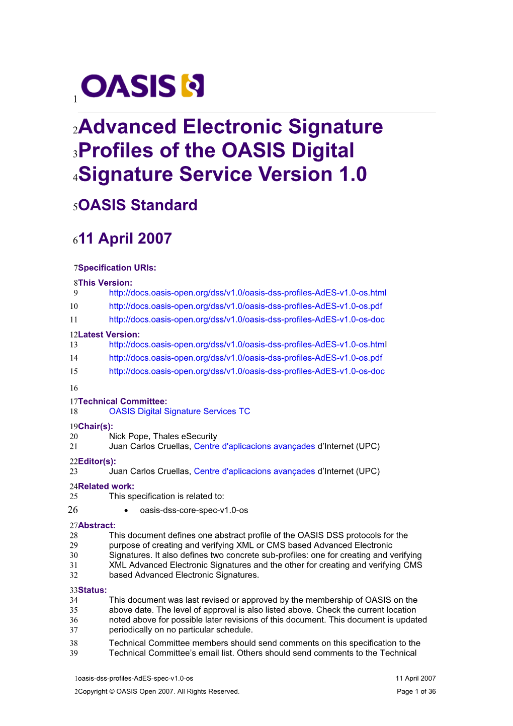 Advanced Electronic Signature Profiles of the OASIS Digital Signature Service Version 1.0