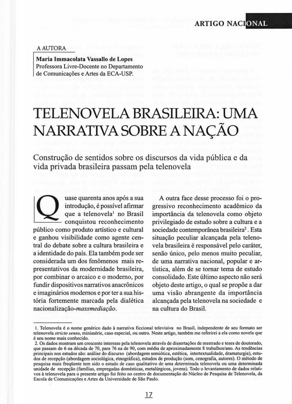 TELENOVELA BRASILEIRA: UMA Narrama SOBRE a NAÇÃO