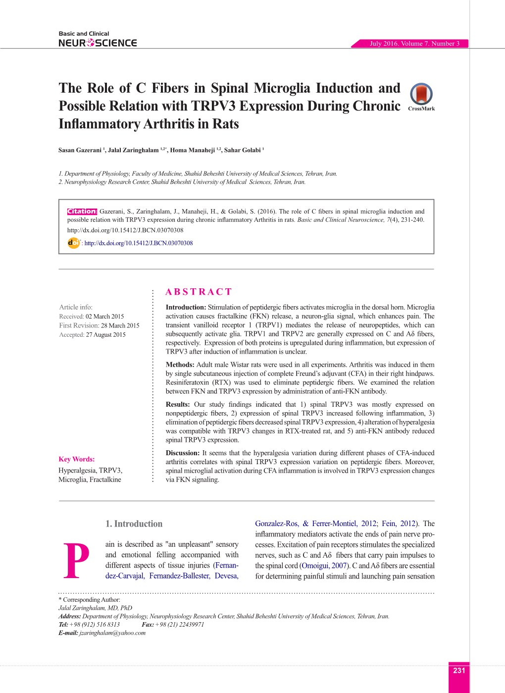 The Role of C Fibers in Spinal Microglia Induction and Possible Relation with TRPV3 Expression During Chronic Inflammatory Arthritis in Rats