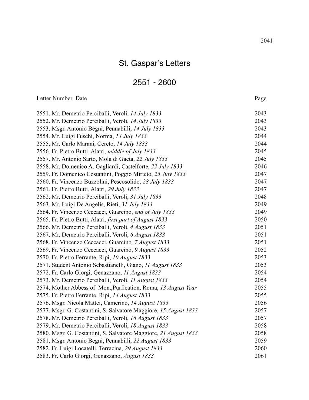 St. Gaspar's Letters 2551