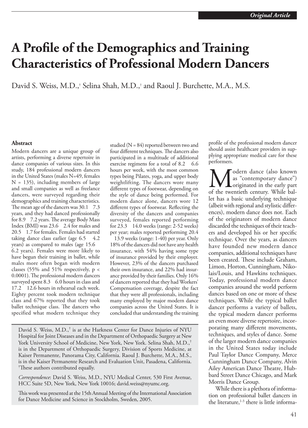 A Profile of the Demographics and Training Characteristics of Professional Modern Dancers