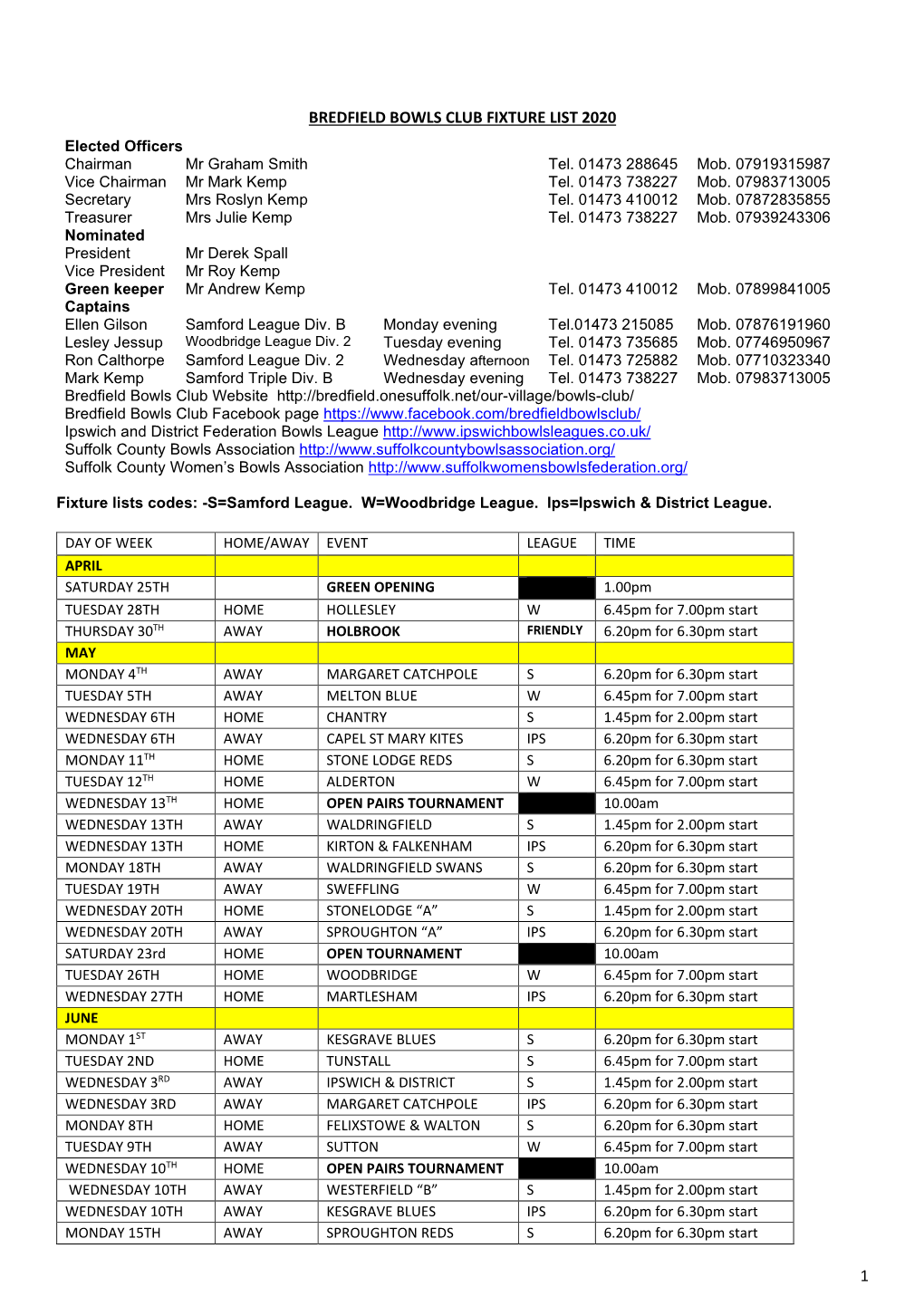 1 Bredfield Bowls Club Fixture List 2020
