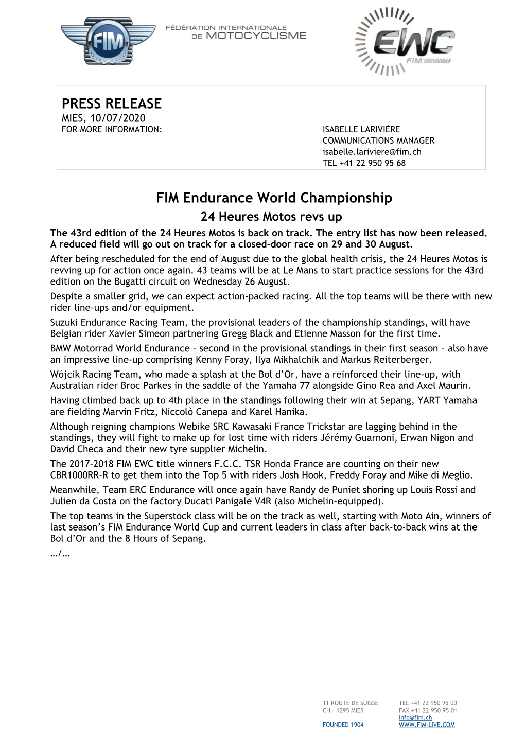 PRESS RELEASE FIM Endurance World Championship