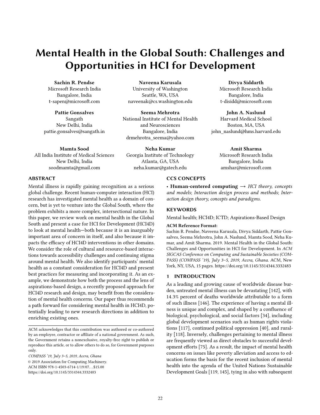 Mental Health in the Global South: Challenges and Opportunities in HCI for Development