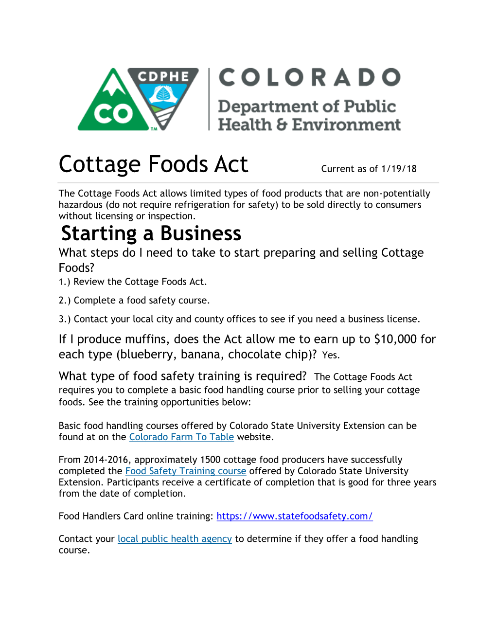 Cottage Foods Act Starting a Business