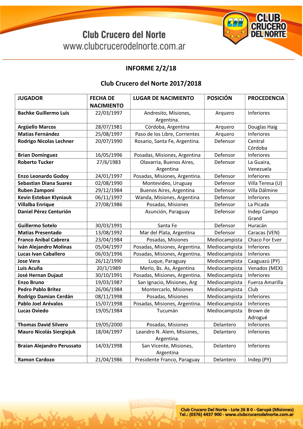 INFORME 2/2/18 Club Crucero Del Norte 2017/2018