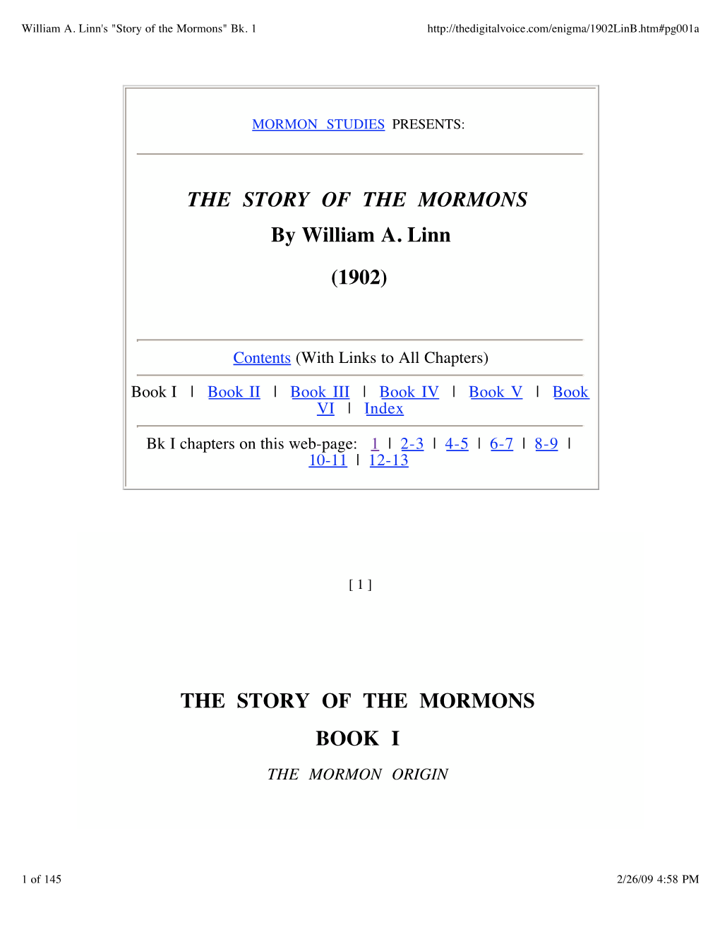 William A. Linn's "Story of the Mormons" Bk. 1
