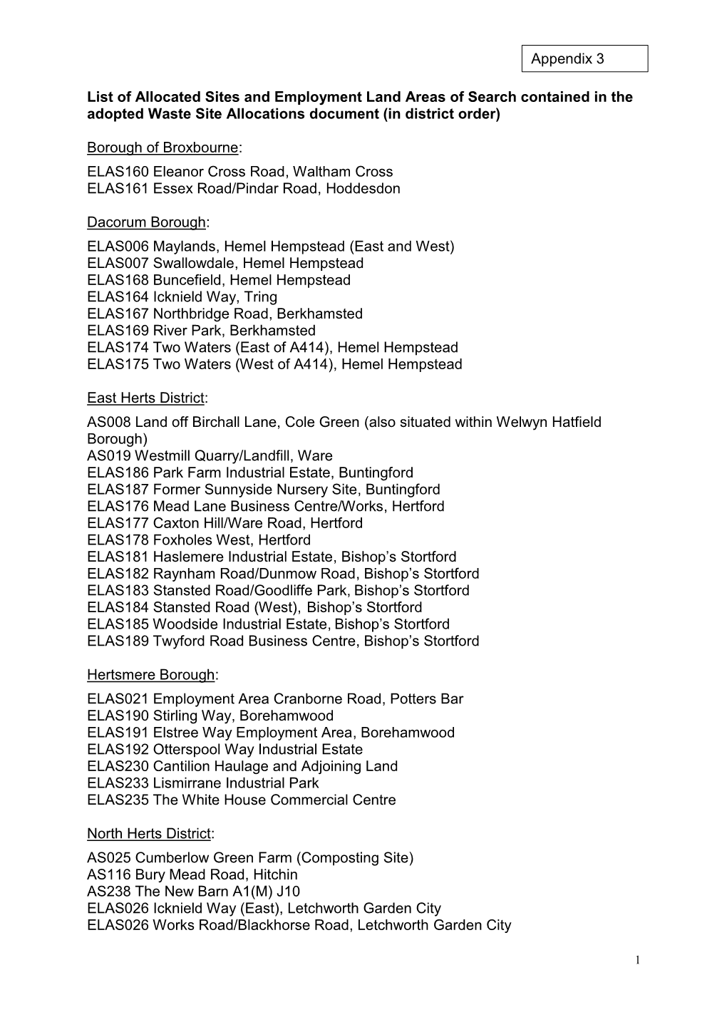 List of Allocated Sites and Employment Land Areas of Search Contained in the Adopted Waste Site Allocations Document (In District Order)