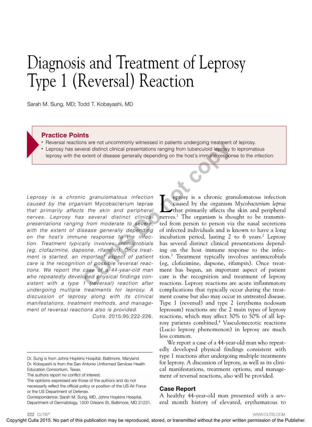 Diagnosis and Treatment of Leprosy Type 1 (Reversal) Reaction