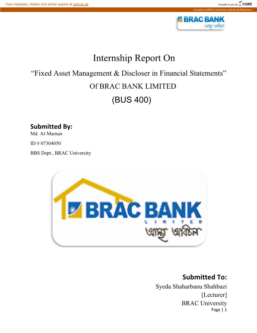 Internship Report on “Fixed Asset Management & Discloser in Financial Statements”