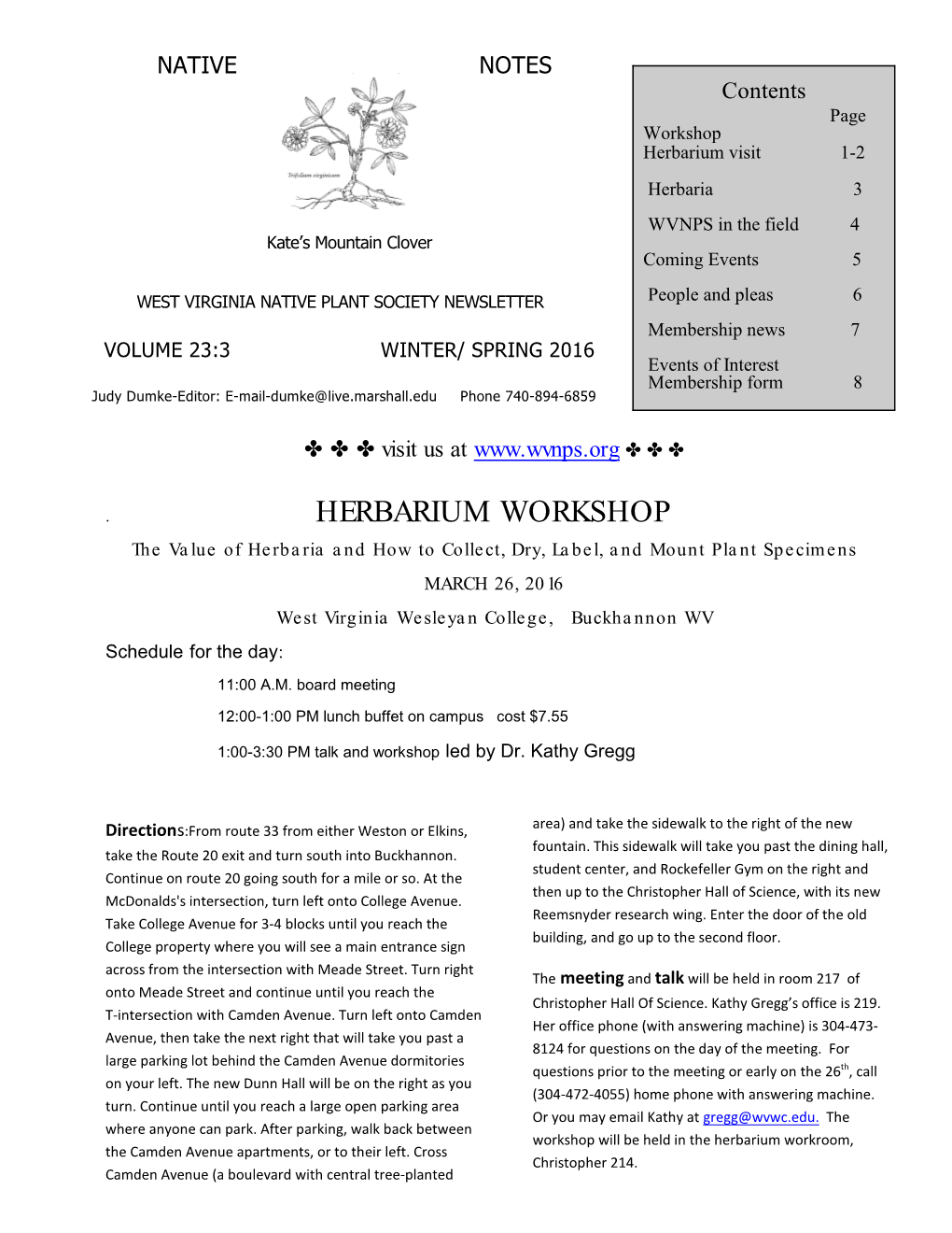 Winter/Spring 2016 West Virginia Native Plant Society 2 from the Herbaria