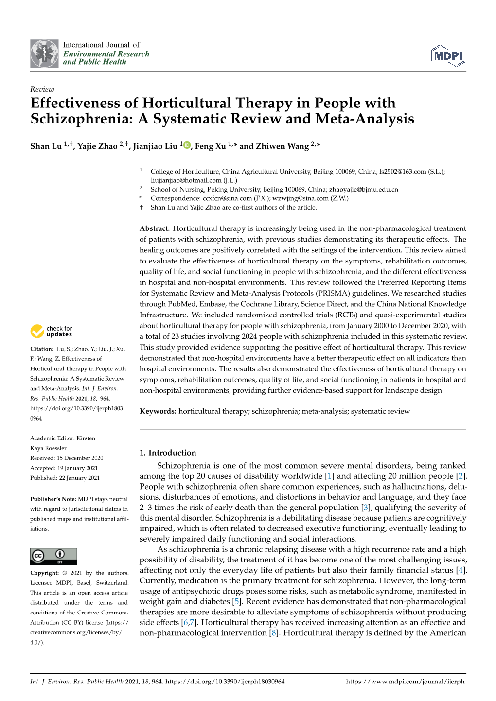 Effectiveness of Horticultural Therapy in People with Schizophrenia: a Systematic Review and Meta-Analysis