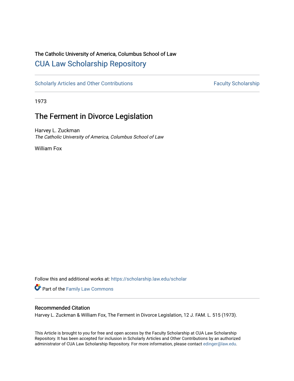 The Ferment in Divorce Legislation