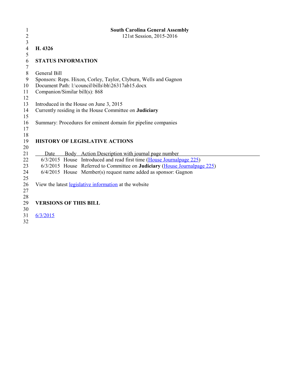 2015-2016 Bill 4326: Procedures for Eminent Domain for Pipeline Companies - South Carolina