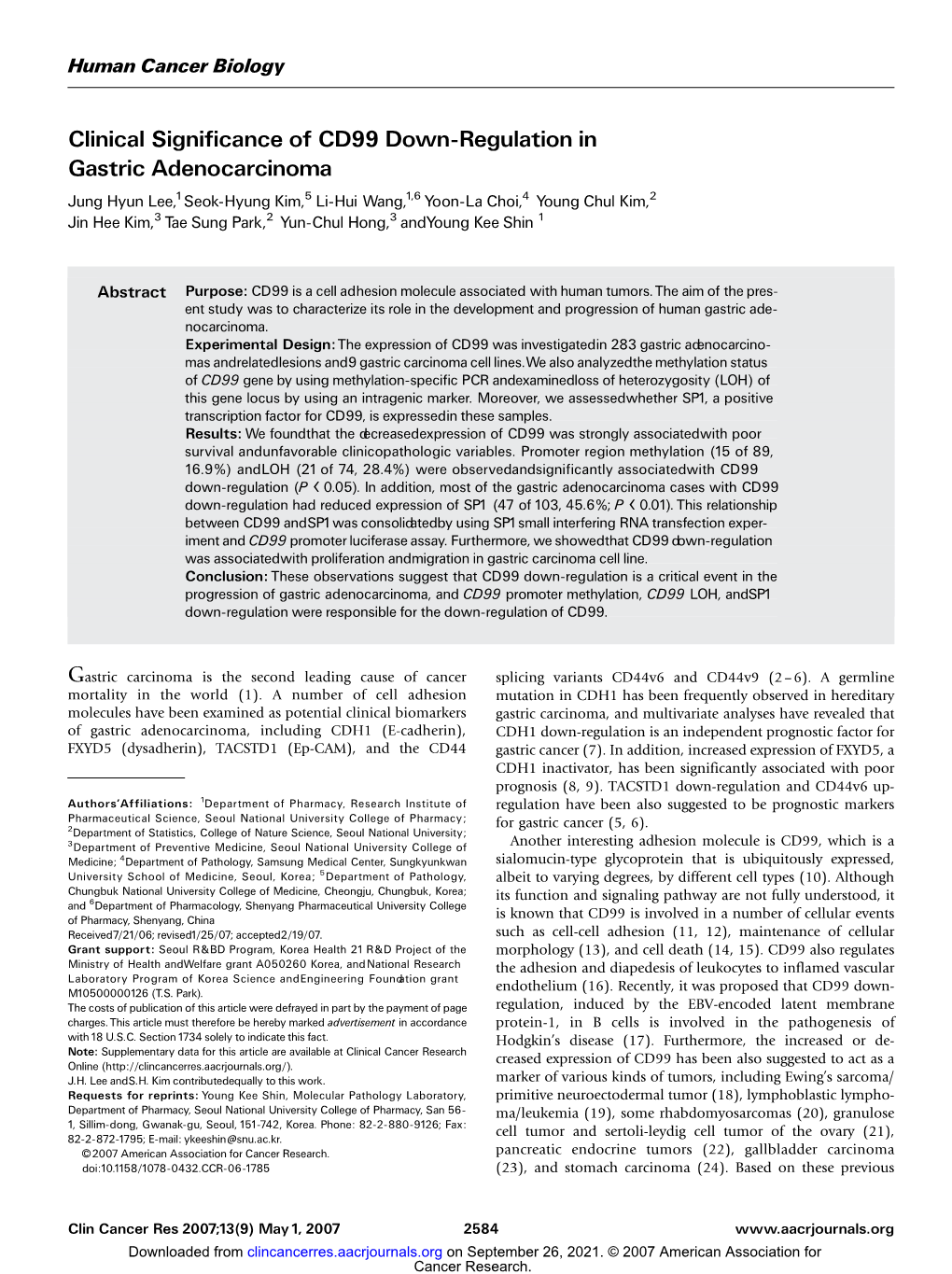 Clinical Significance of CD99 Down-Regulation in Gastric