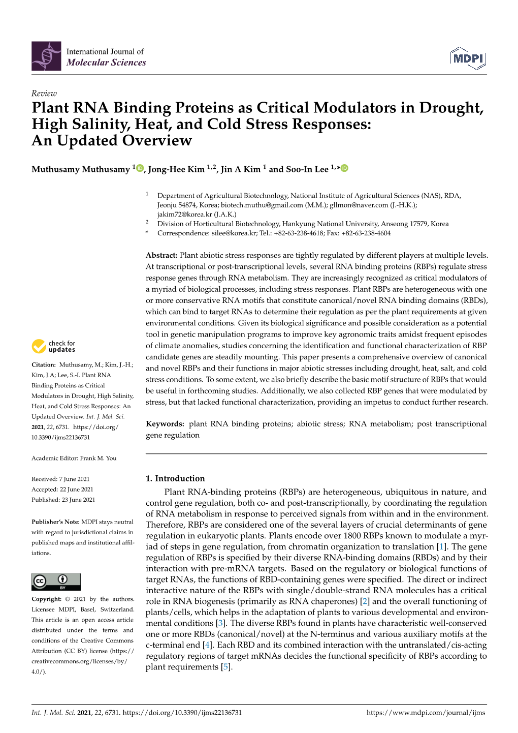 Plant RNA Binding Proteins As Critical Modulators in Drought, High Salinity, Heat, and Cold Stress Responses: an Updated Overview