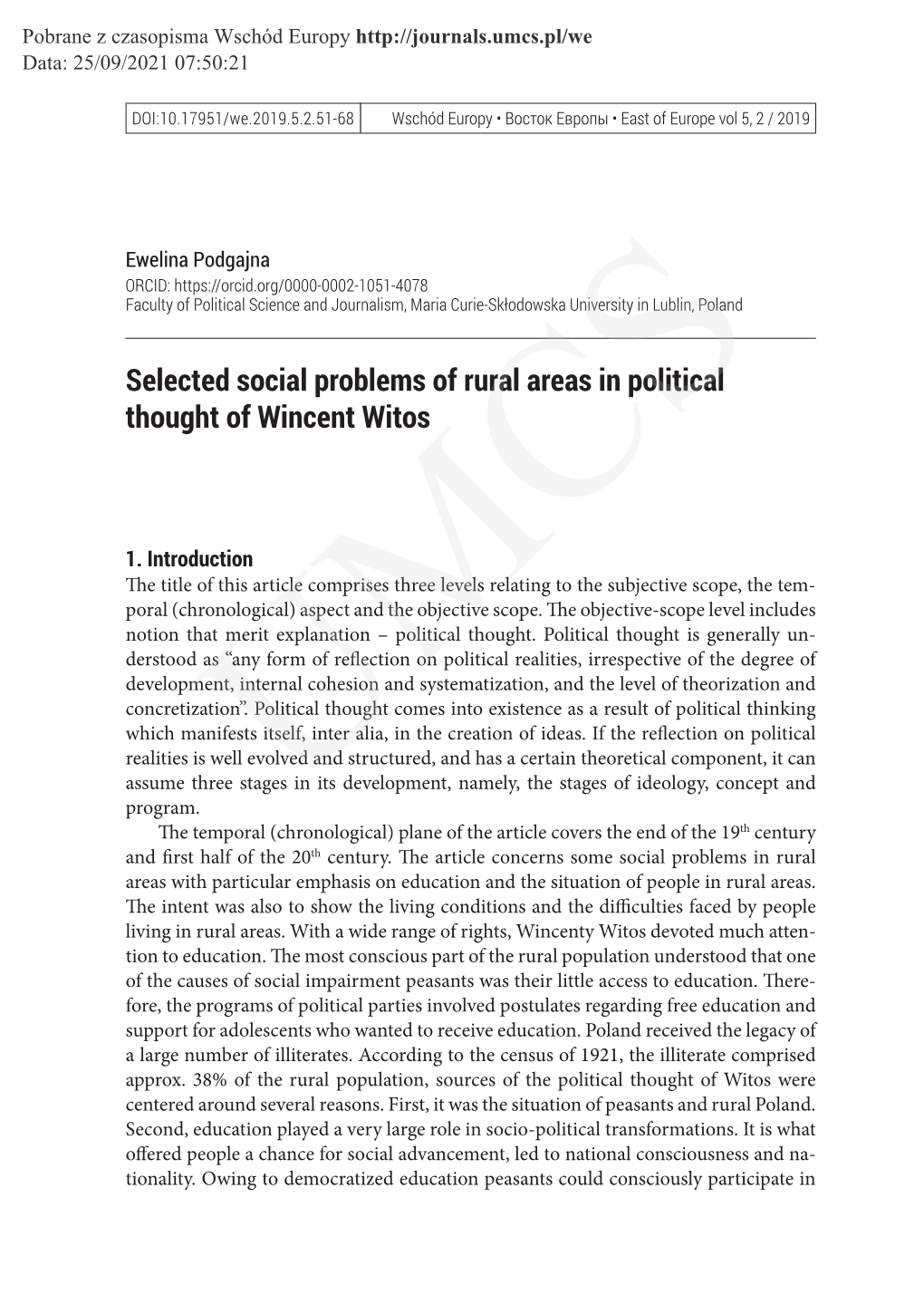 Selected Social Problems of Rural Areas in Political Thought of Wincent Witos