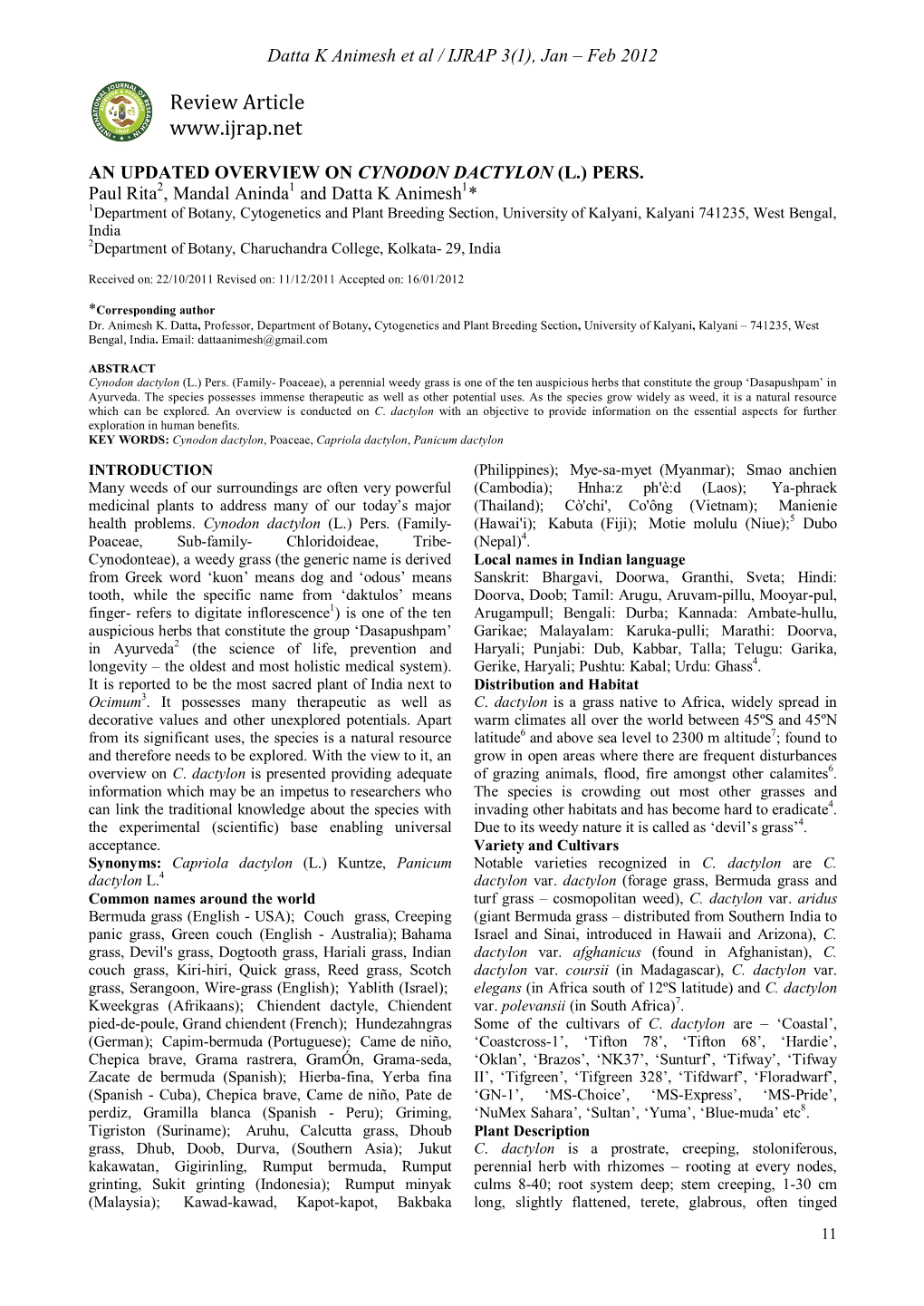 An Updated Overview on Cynodon Dactylon (L.) Pers