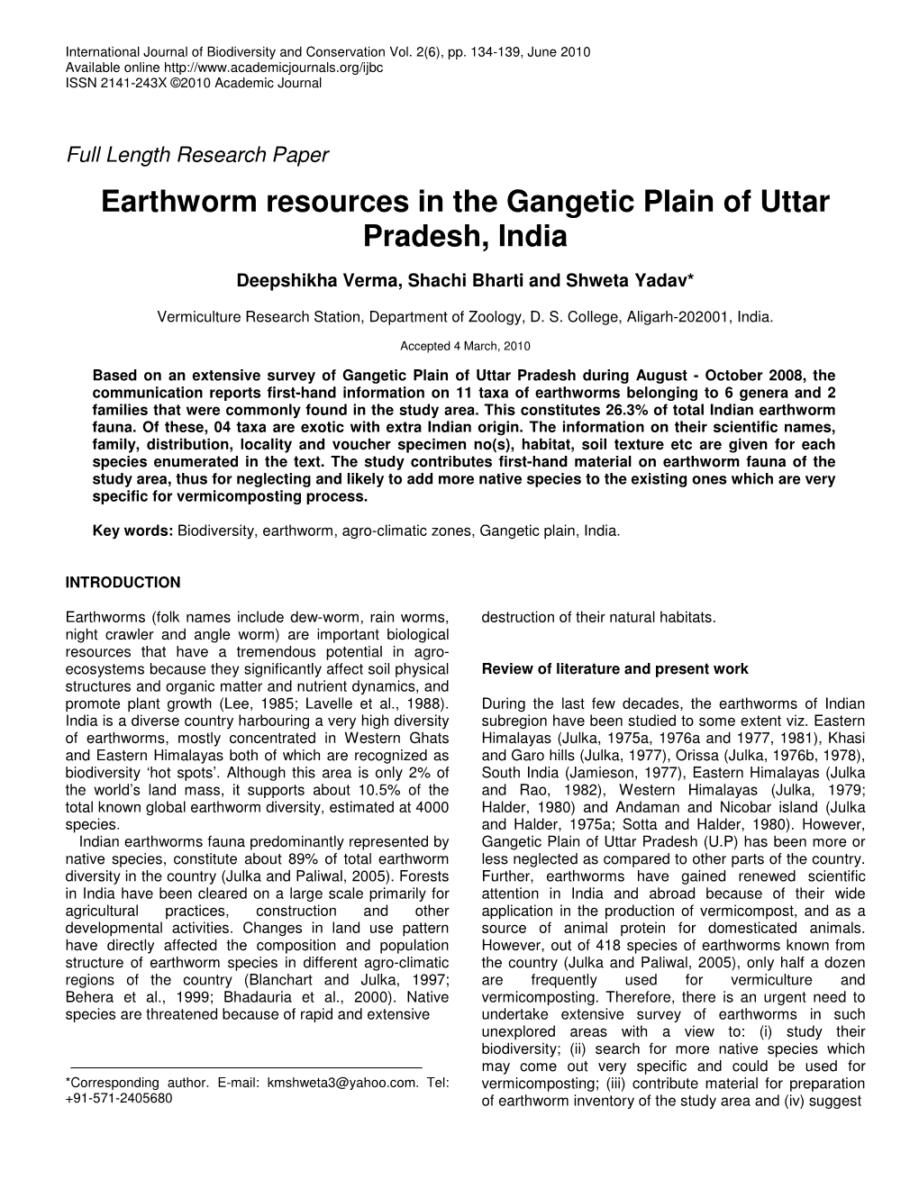 Earthworm Resources in the Gangetic Plain of Uttar Pradesh, India