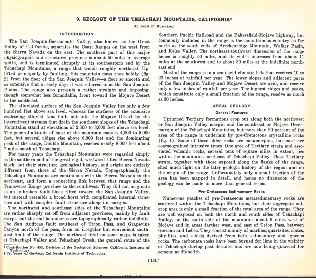 9. GEOLOGY of the TEHACHAPI MOUNTAINS, CALIFORNIA* The