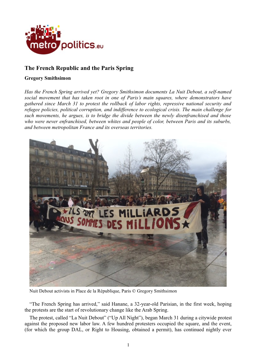 The French Republic and the Paris Spring Gregory Smithsimon