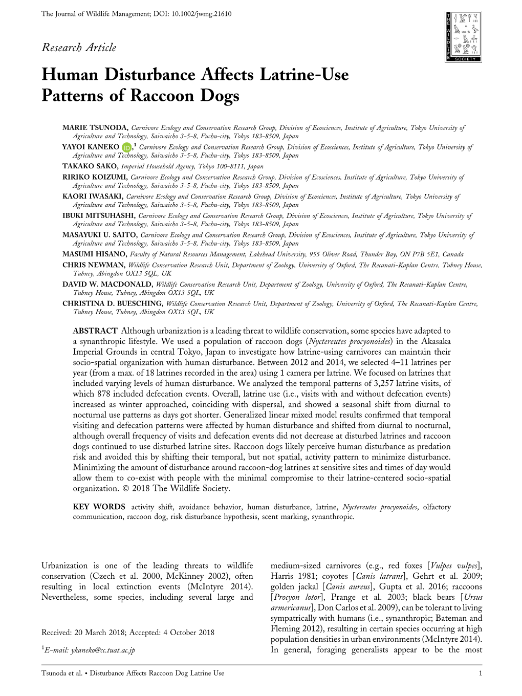 Human Disturbance Affects Latrine-Use Patterns of Raccoon Dogs