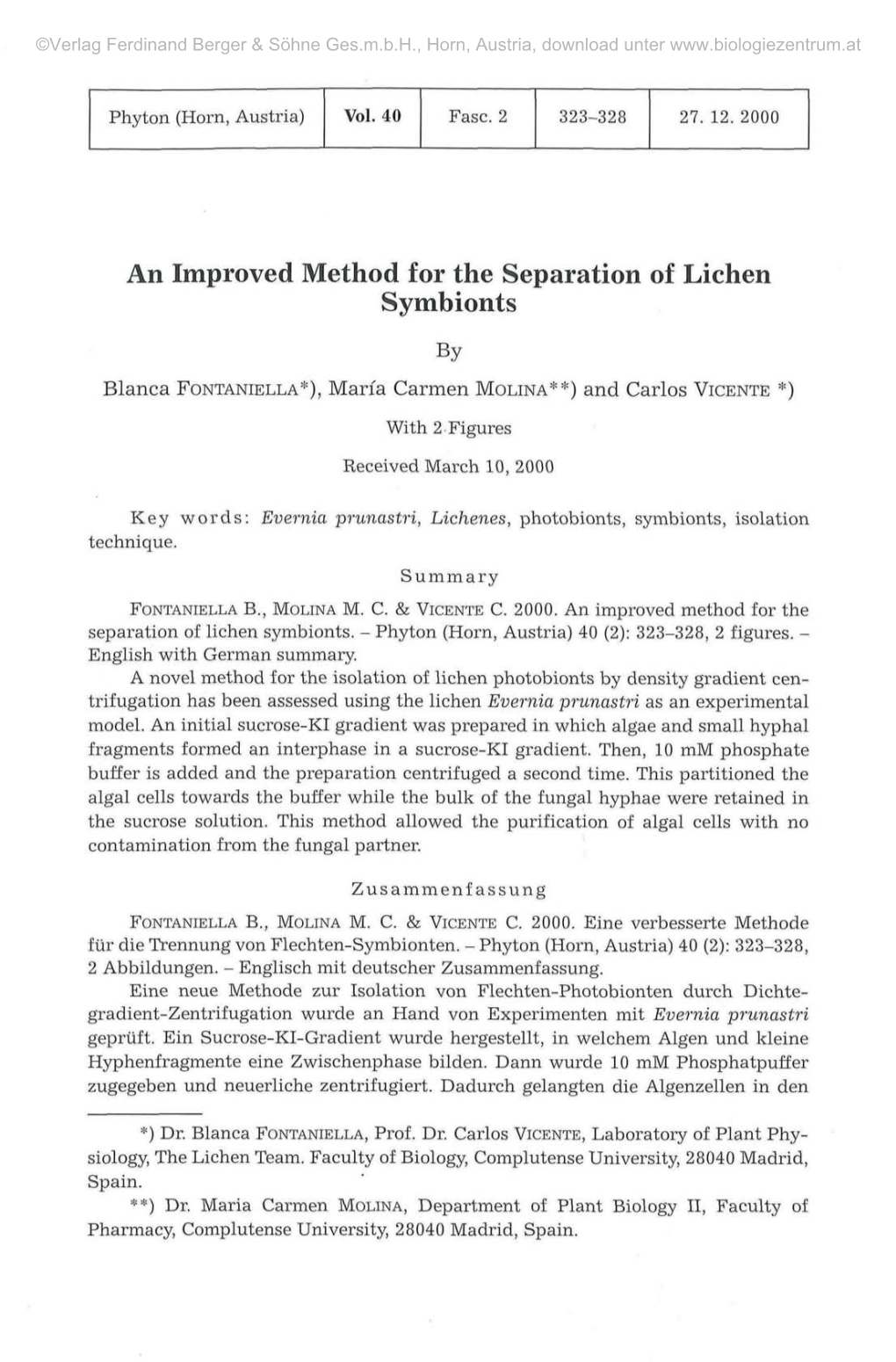 An Improved Method for the Separation of Lichen Symbionts