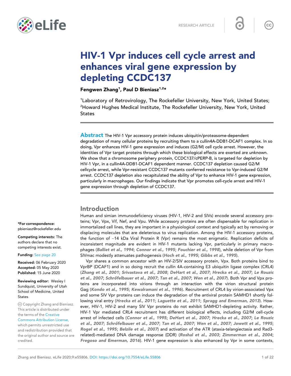 HIV-1 Vpr Induces Cell Cycle Arrest and Enhances Viral Gene Expression by Depleting CCDC137 Fengwen Zhang1, Paul D Bieniasz1,2*