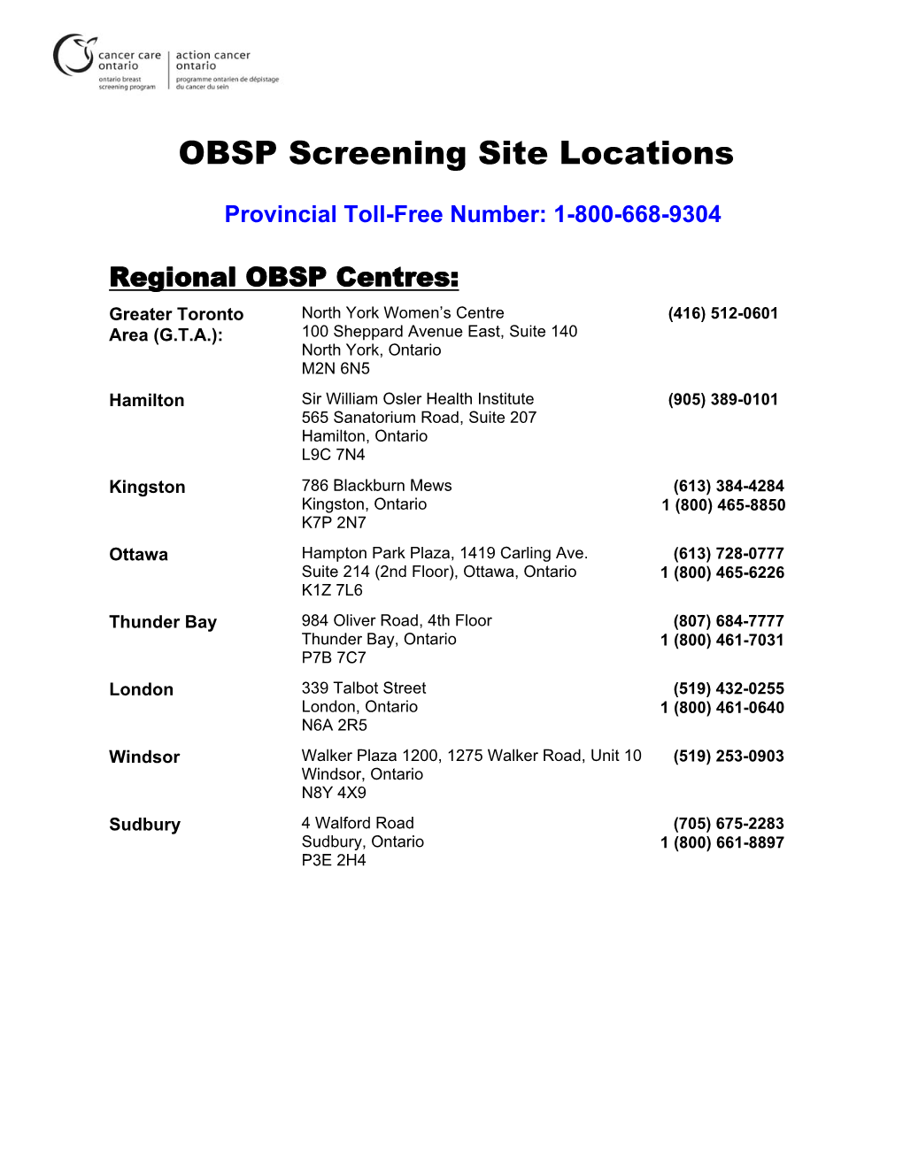 OBSP Screening Site Locations