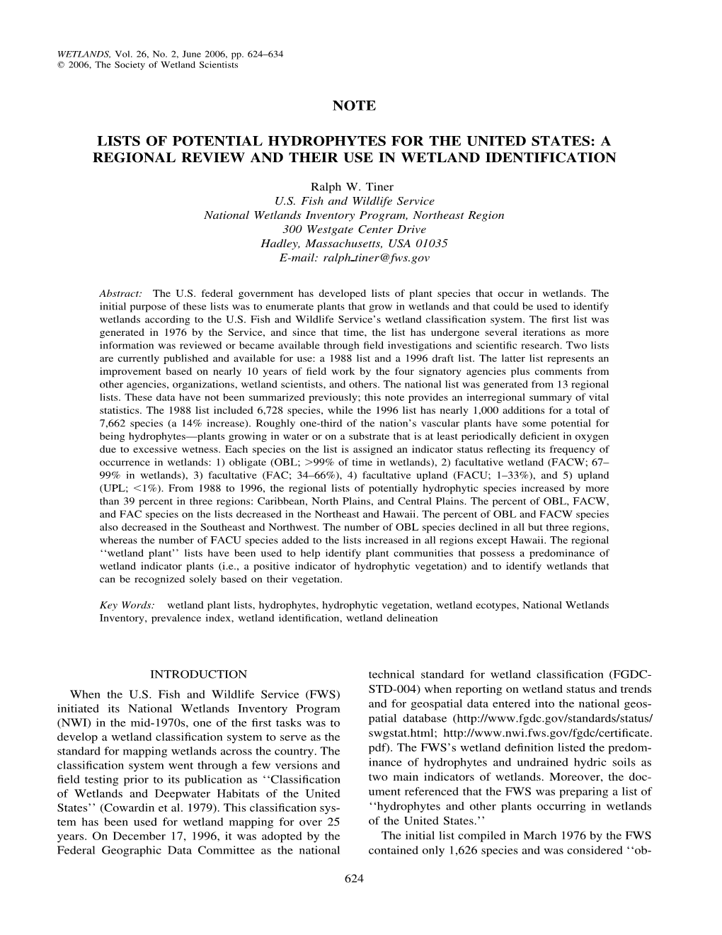 Note Lists of Potential Hydrophytes for the United States: a Regional Review