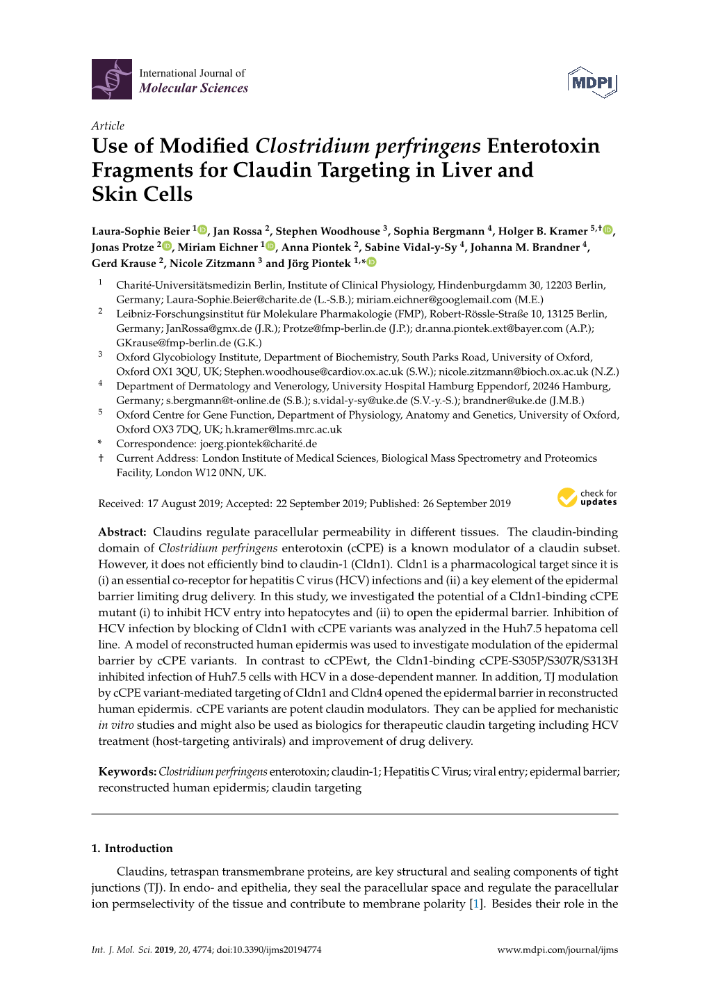Use of Modified Clostridium Perfringens Enterotoxin Fragments for Claudin Targeting in Liver and Skin Cells