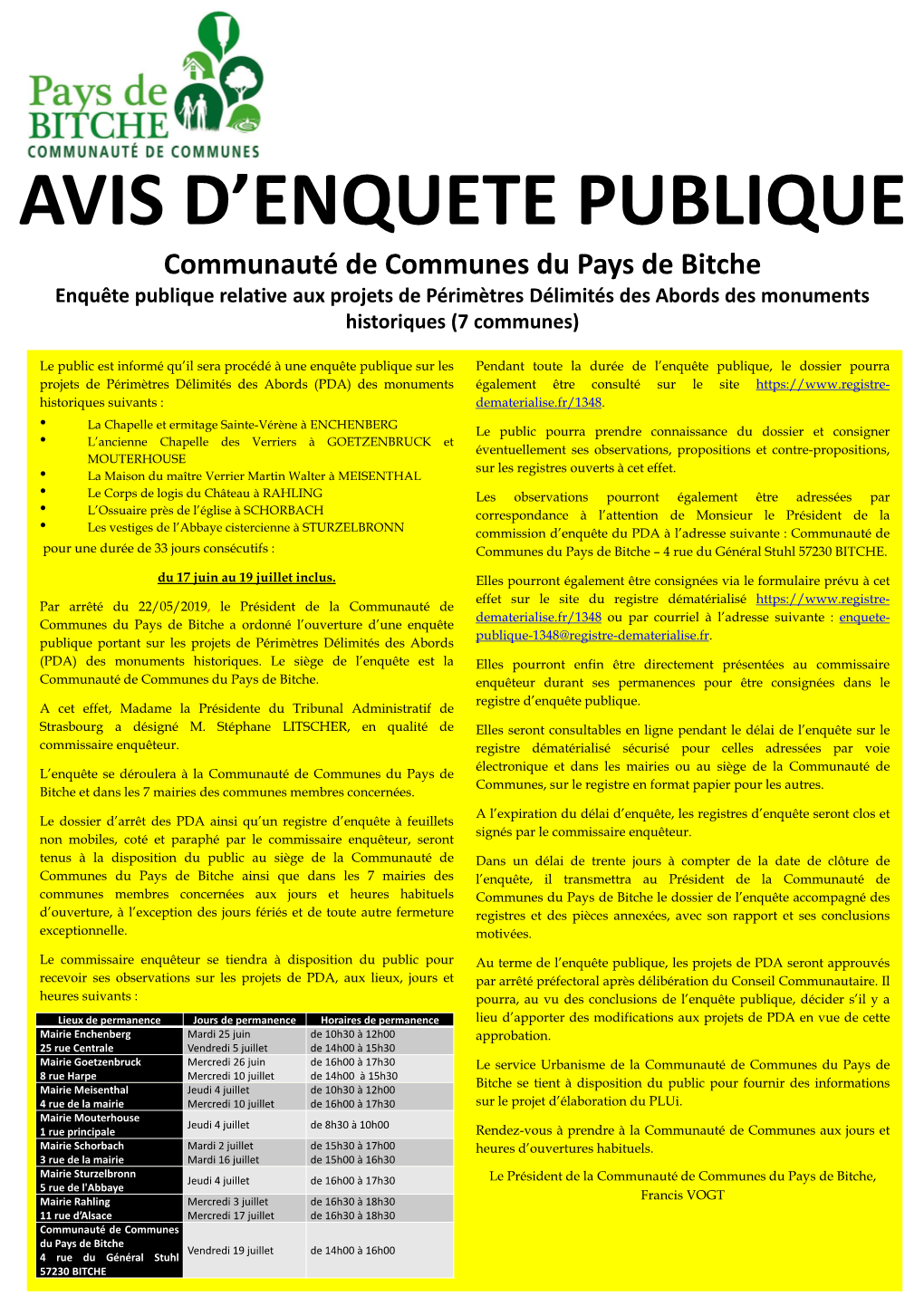 Communauté De Communes Du Pays De Bitche Enquête Publique Relative Aux Projets De Périmètres Délimités Des Abords Des Monuments Historiques (7 Communes)