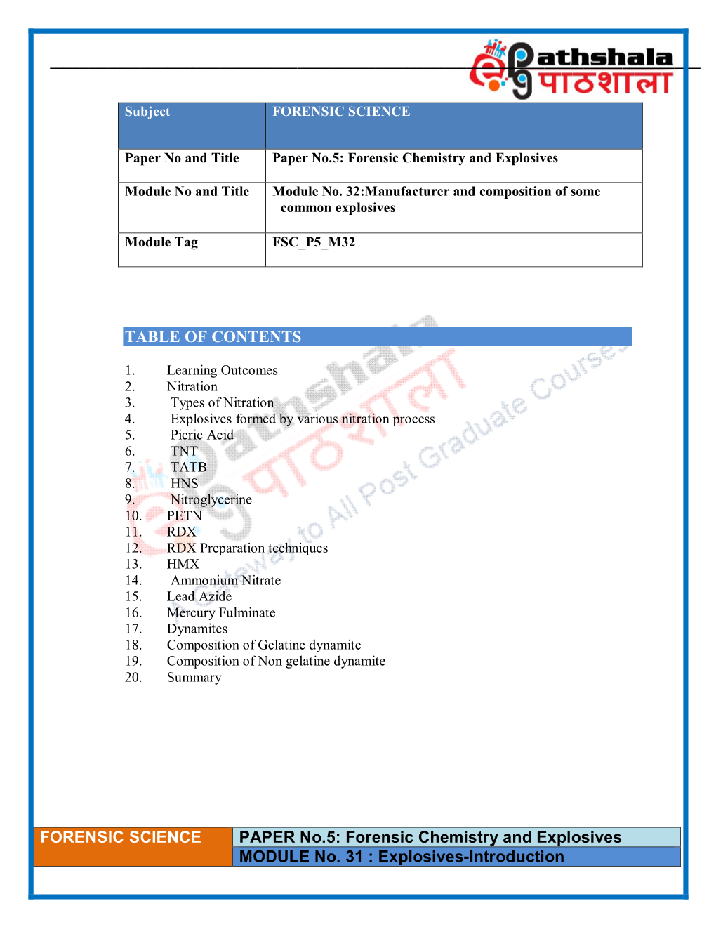 Forensic Chemistry and Explosives MODULE No. 31 : Explosives-Introduction