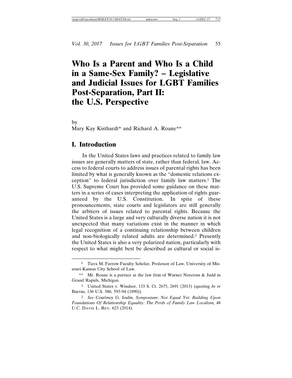 Who Is a Parent and Who Is a Child in a Same-Sex Family? – Legislative and Judicial Issues for LGBT Families Post-Separation, Part II: the U.S