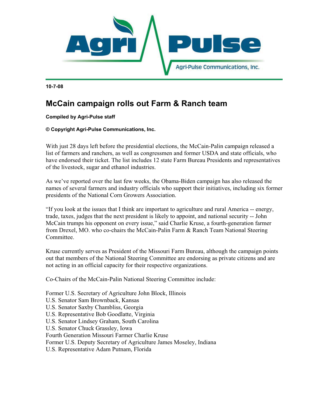 Mccain Campaign Rolls out Farm & Ranch Team