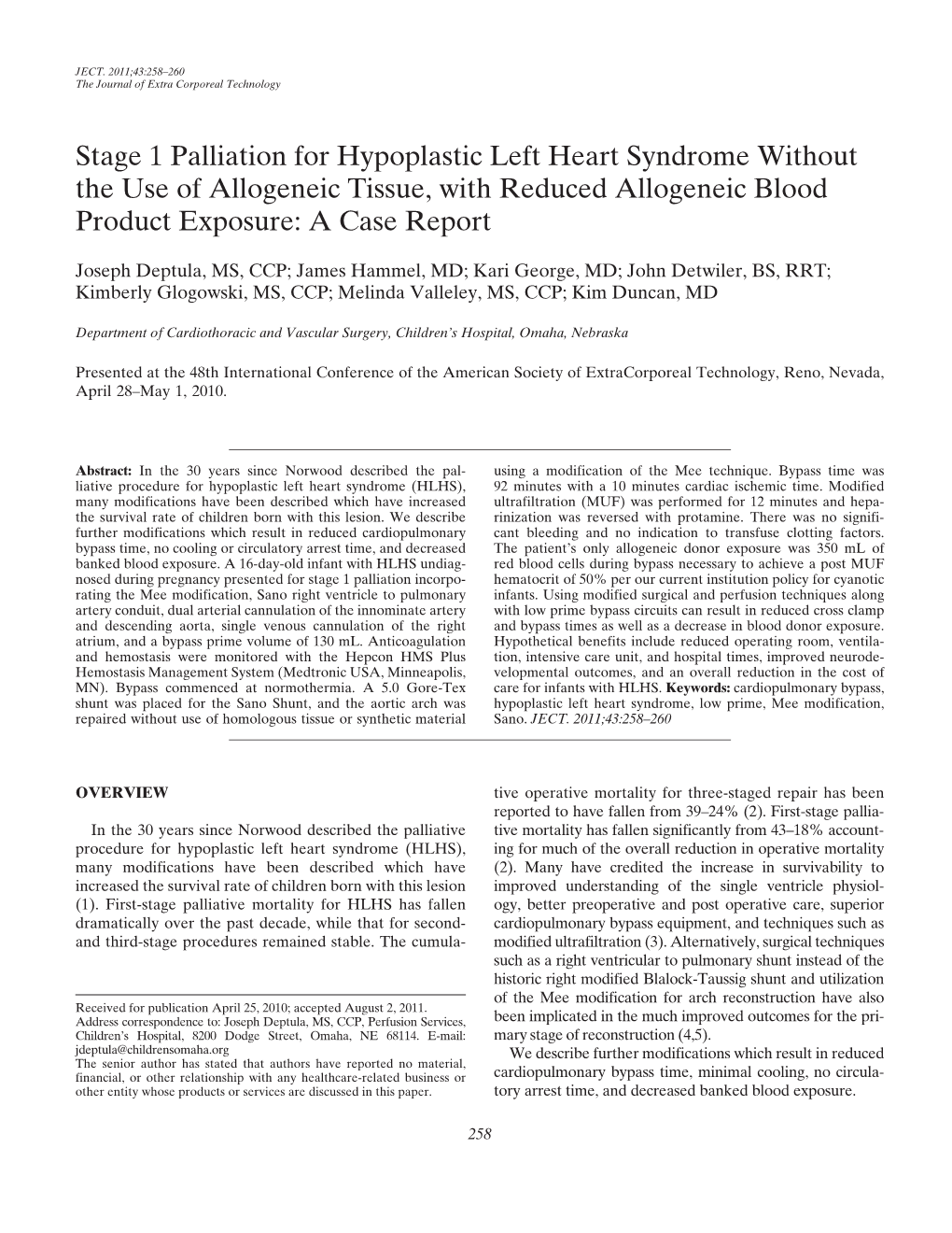 Stage 1 Palliation for Hypoplastic Left Heart Syndrome Without the Use of Allogeneic Tissue, with Reduced Allogeneic Blood Product Exposure: a Case Report