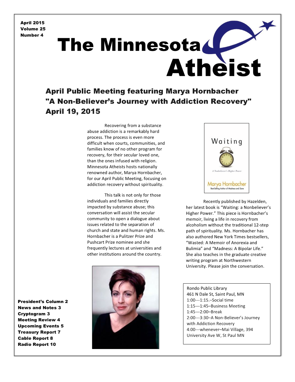 Atheist April Public Meeting Featuring Marya Hornbacher "A Non-Believer’S Journey with Addiction Recovery" April 19, 2015