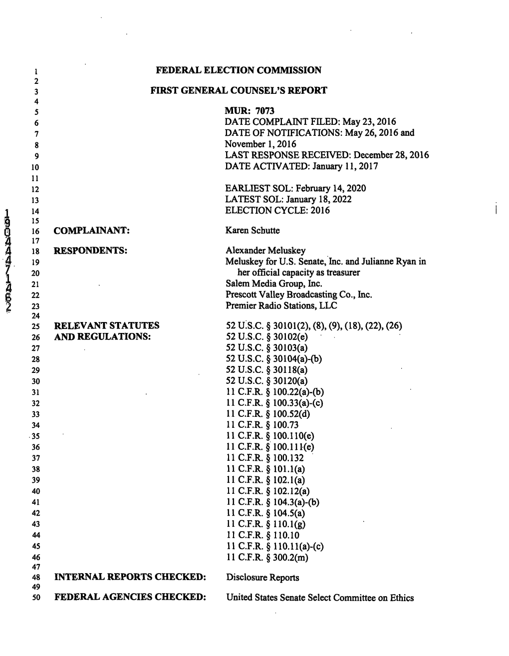 Federal Election Commission First General Counsel's