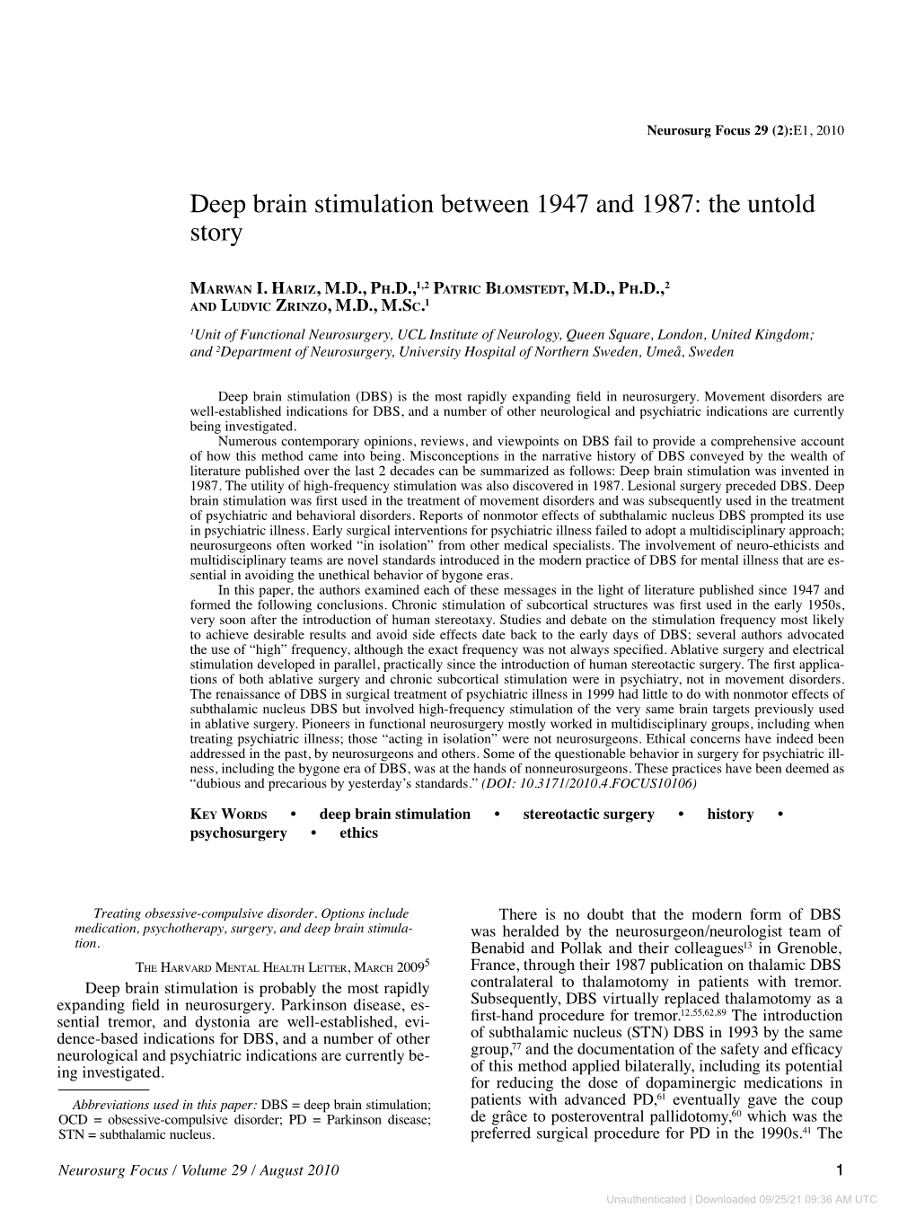 Deep Brain Stimulation Between 1947 and 1987: the Untold Story