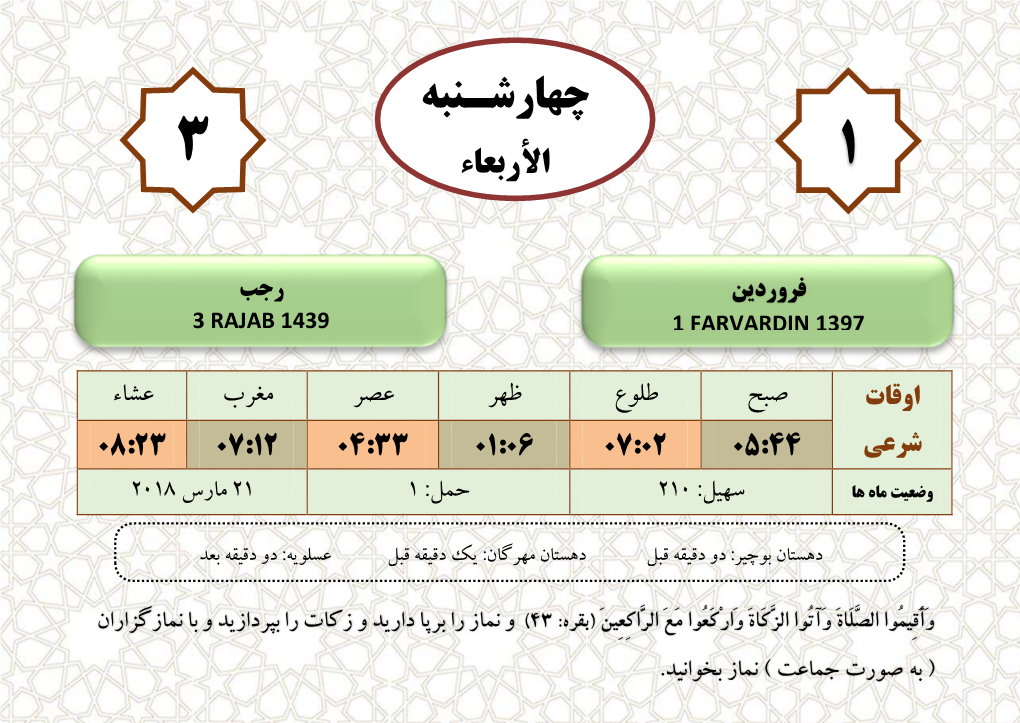 1 Farvardin 1397 3 Rajab 1439