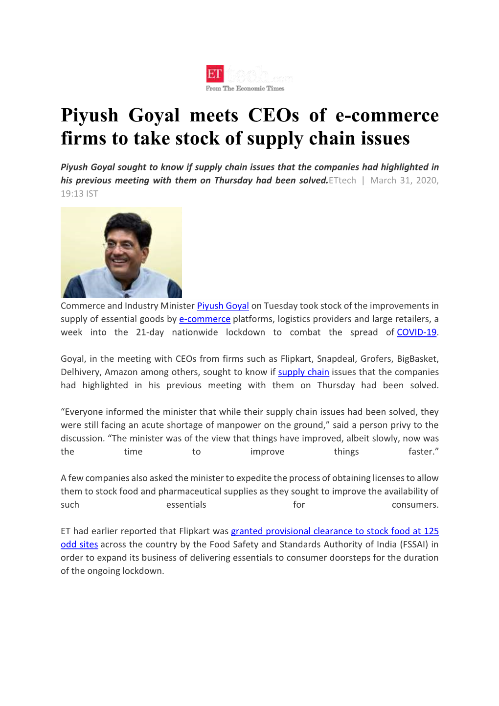 Piyush Goyal Meets Ceos of E-Commerce Firms to Take Stock of Supply Chain Issues