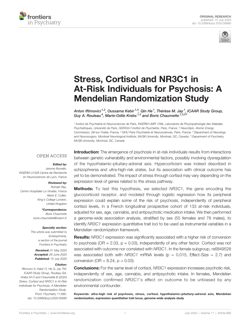 Stress, Cortisol and NR3C1 in At-Risk Individuals for Psychosis: a Mendelian Randomization Study