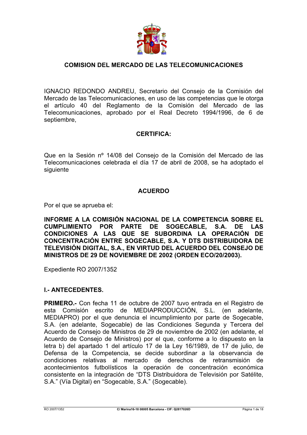 Comision Del Mercado De Las Telecomunicaciones Ignacio